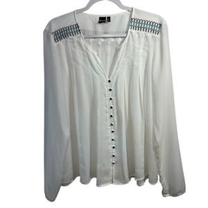 Cruel Girl Sheer White Button Up Blouse SZ L Embroidered Western Boho Pleated